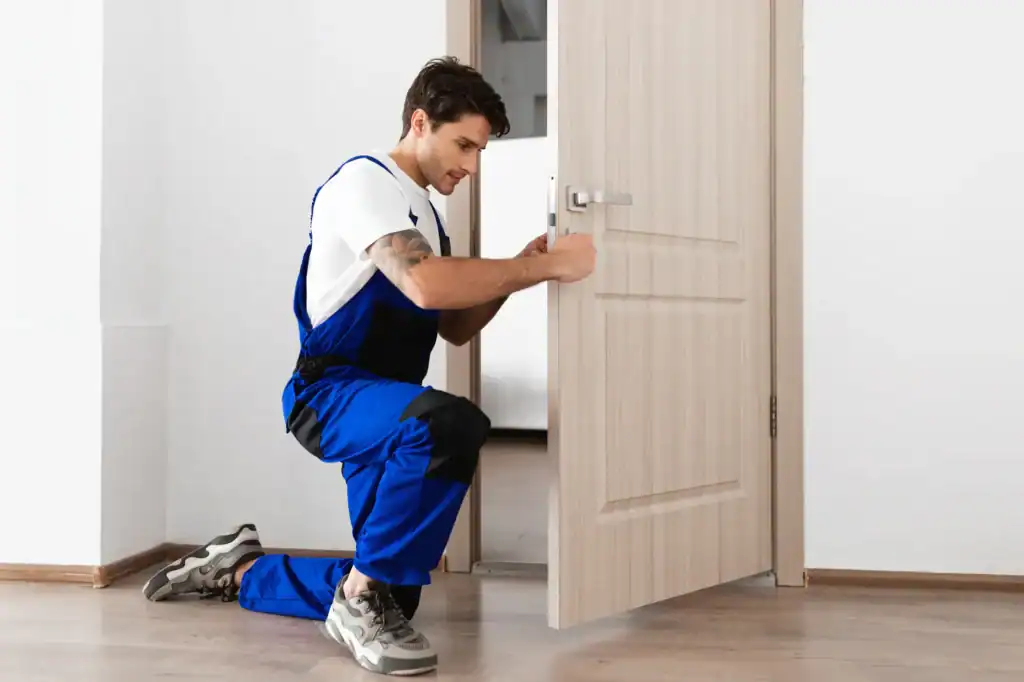 A man in blue overalls kneels on the floor while repairing or installing a door handle, showcasing professional locksmith services NYC in a modern, unfurnished room.