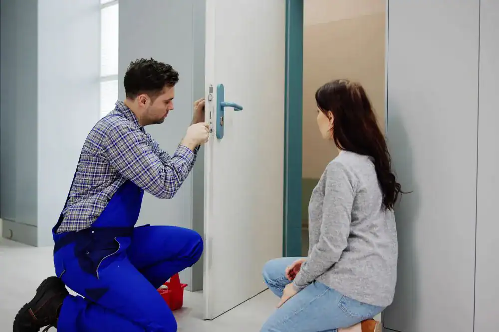A man in blue overalls provides locksmith services NYC, repairing a door lock with a screwdriver while a woman sits nearby, watching him work inside a modern room.